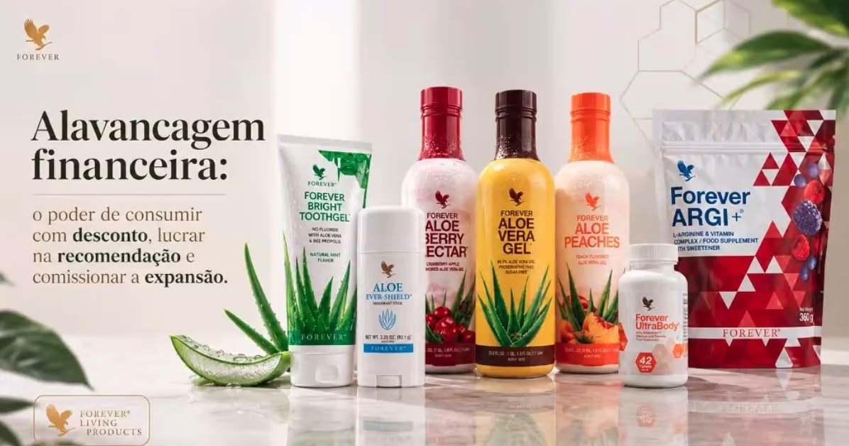 Produtos Forever e mensagem sobre oportunidades de negócio