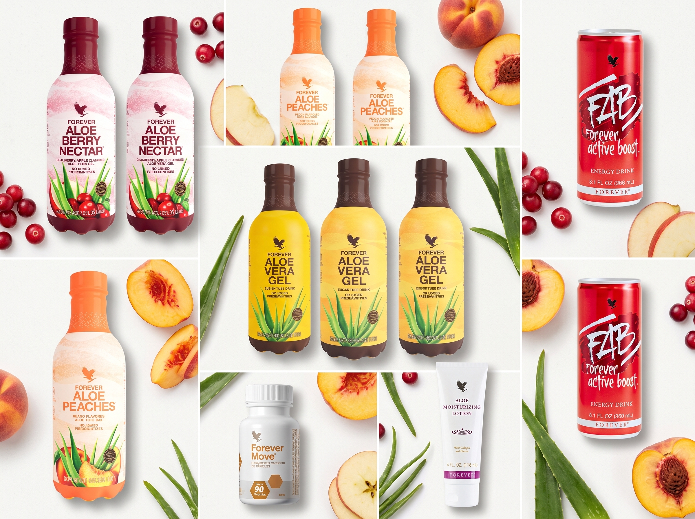 Mosaico com produtos Forever, aloe vera, frutas e cuidados pessoais